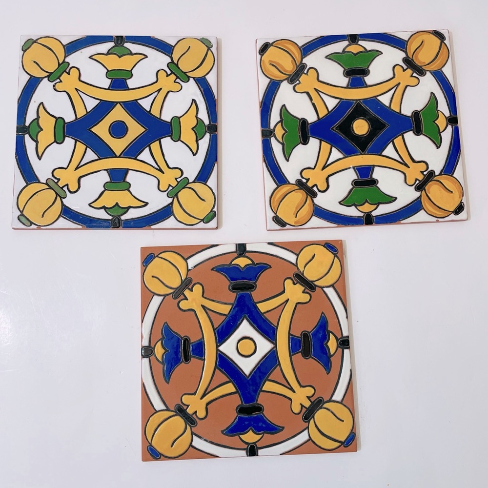 3 Mexican Tiles Blue White Green Yelllow 6” x 6”